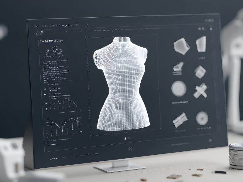 A modern workspace showcasing a virtual dress form on a screen, highlighting the intersection of fashion design and AI technology in creative experimentation.