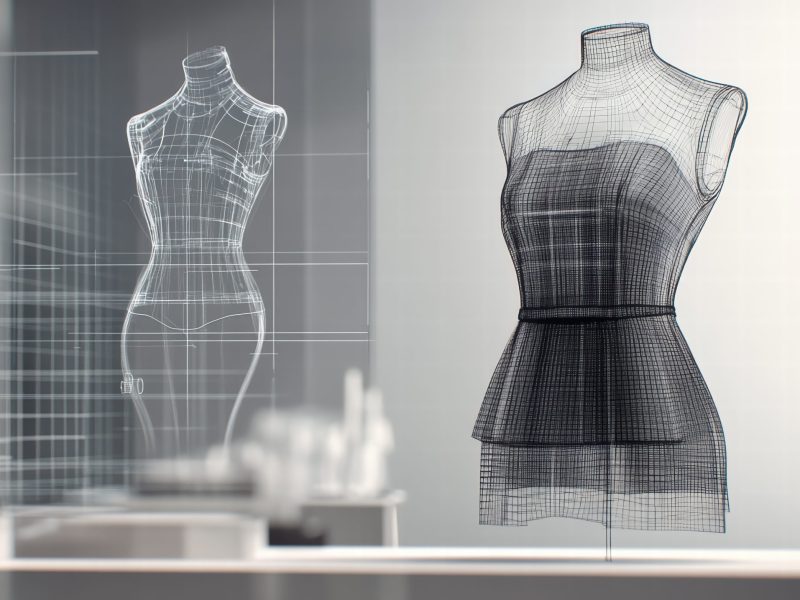 A 3D wireframe design of garment on mannequin showcases creative process in fashion design. sleek lines and structure highlight intricate details of garment creation